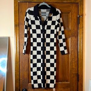 Knit Mix long-sleeve black and white checkered dress